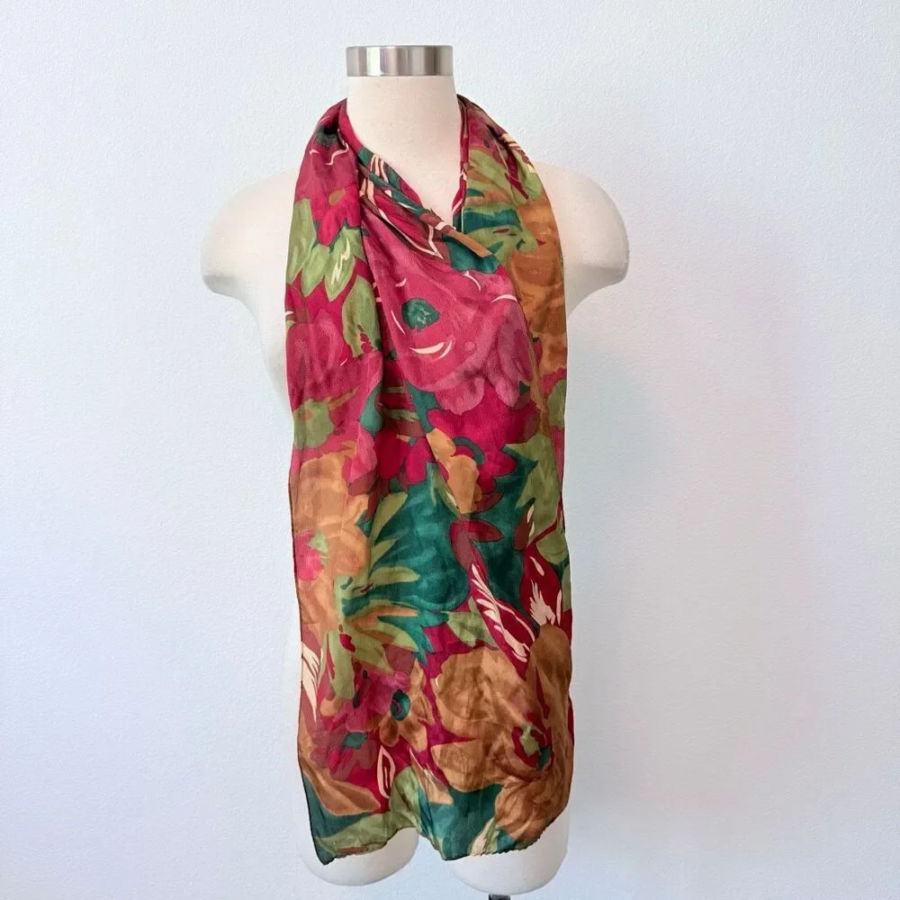Vintage Silk Watercolor Scarf Floral Green Burgundy Berry